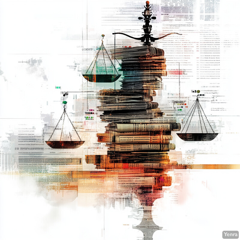 A stack of books is balanced by two scales against a background of text.