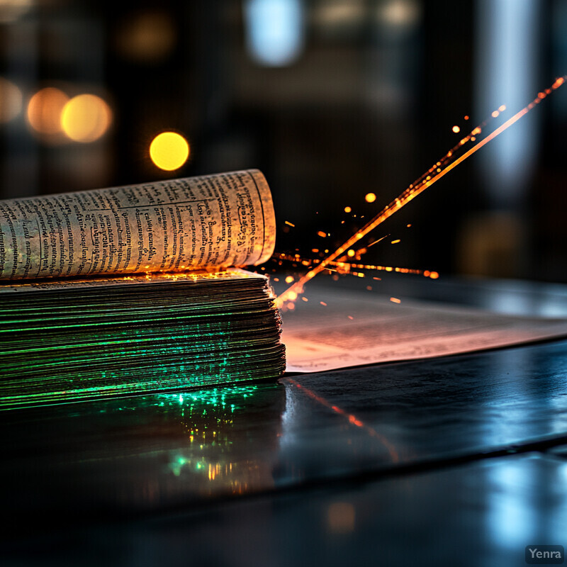 An open book with green-illuminated pages sits on a table in an indoor setting.