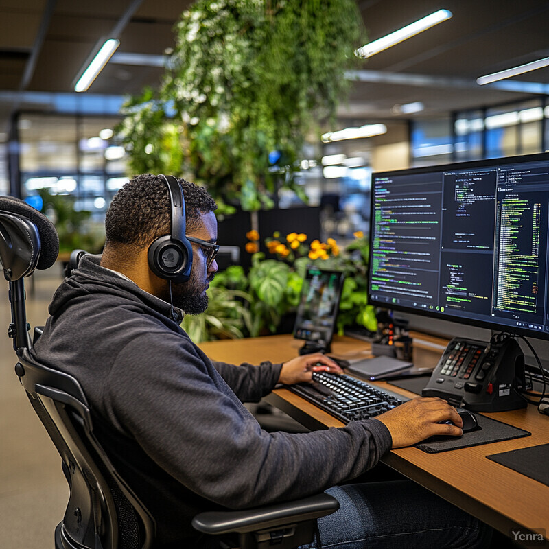 A man is working on a computer in an office setting, surrounded by plants and flowers.