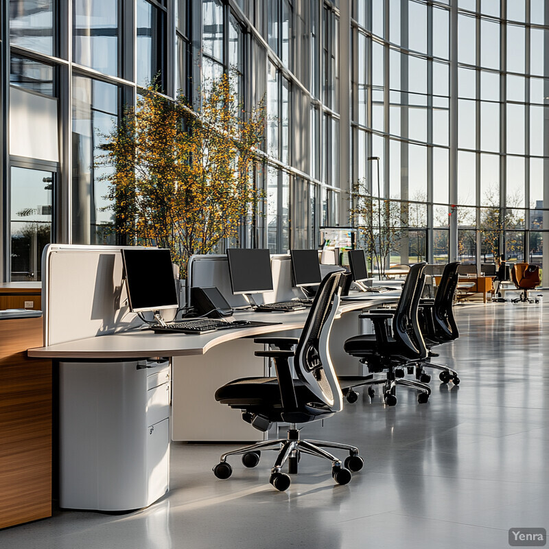 An office space with a long desk and several chairs, suggesting a productive work environment.