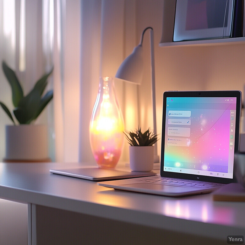 A desk with two laptops and plants in a room lit by soft light.