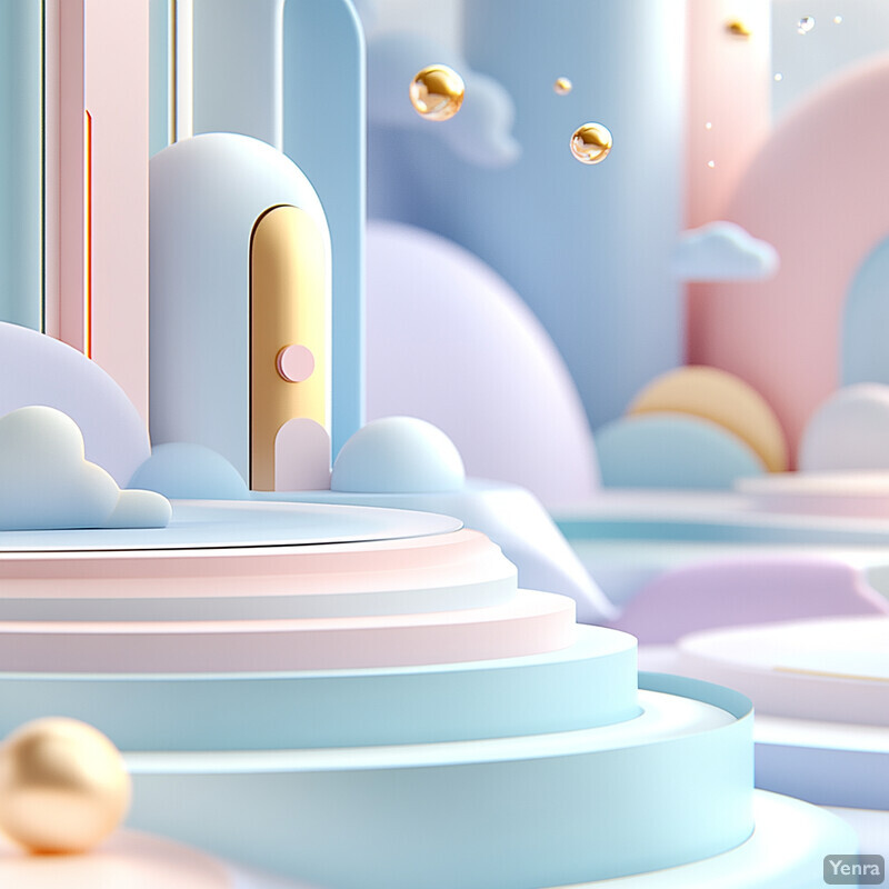 A digital artwork or graphic design featuring pastel-colored shapes and objects in an abstract setting.