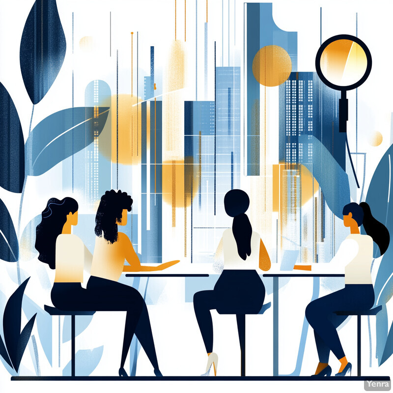 Illustration of four women sitting at a table in front of a cityscape, with a magnifying glass hovering above them.