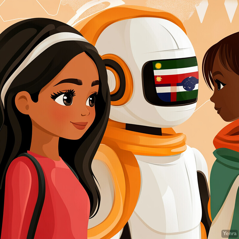 Two young girls stand in front of a robot with an orange and white body, displaying various flags on its screen, set against a light orange wall with white geometric shapes in the background.