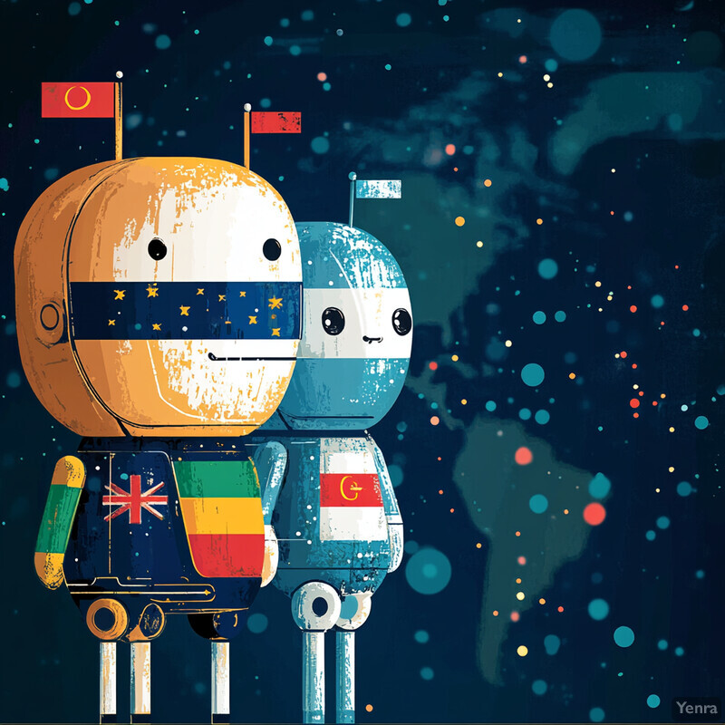 Two chatbots standing side by side with flags from various countries on their bodies and heads, set against a dark blue sky filled with stars and planets.