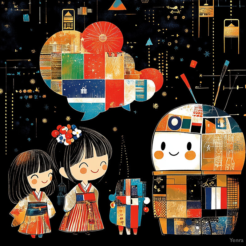 A whimsical image featuring a chatbot and two children in traditional Japanese attire, set against a colorful background.