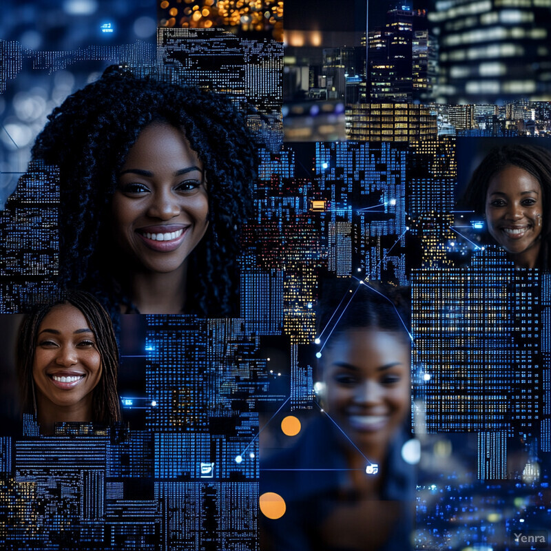 A collage of photographs featuring women's faces against a city skyline backdrop.