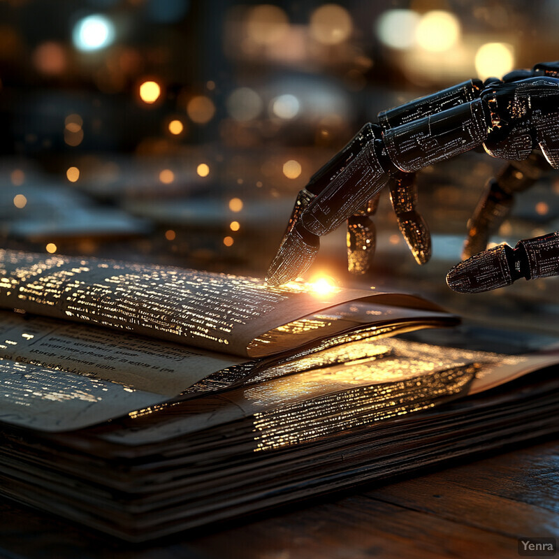 A robotic hand emerges from an open book in a dimly lit room.