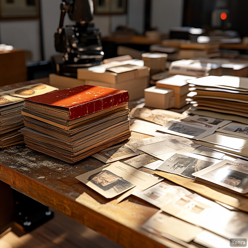 The image depicts a cluttered room filled with stacks of old photographs and papers on a wooden table.