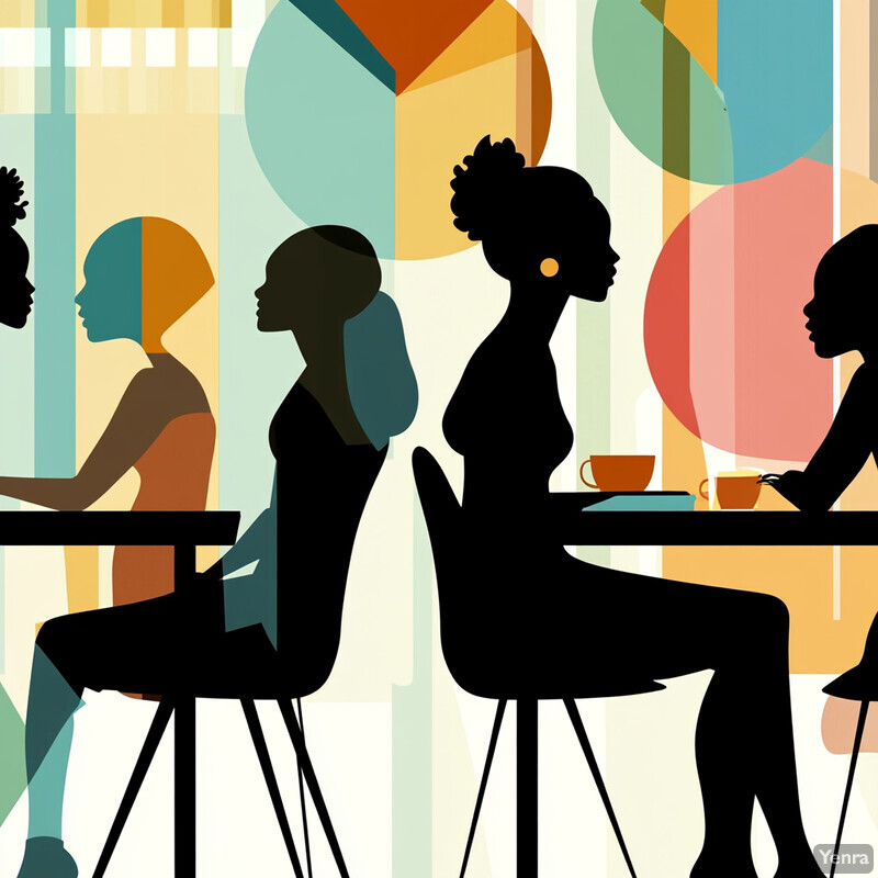 A group of women sit at a table in a cafe or restaurant setting, enjoying each other's company over coffee or tea.