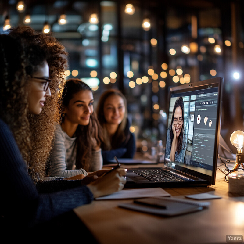 Three women engage in an emotion recognition activity for accessibility using two laptops in a dimly lit room.