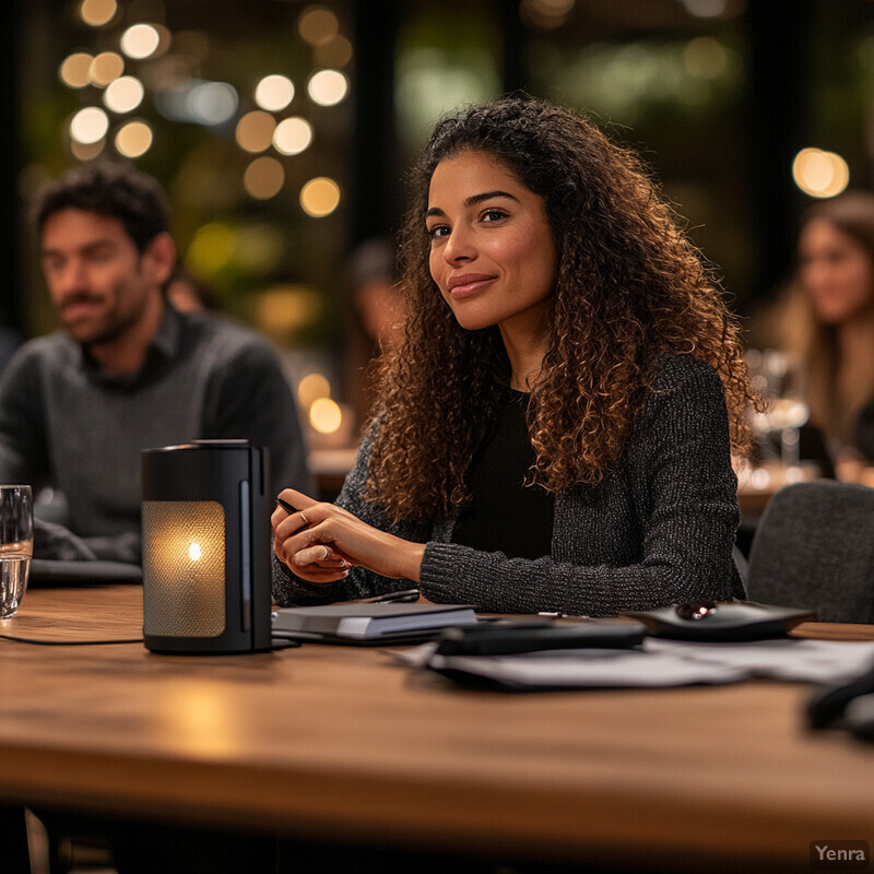 A woman sits at a table in a restaurant or cafe, surrounded by various objects and people.