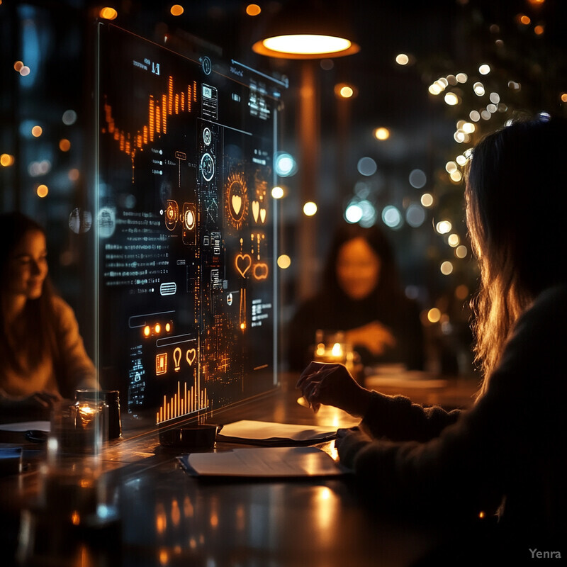 A woman sits at a table in front of a large screen displaying graphs and charts, with a focused expression.