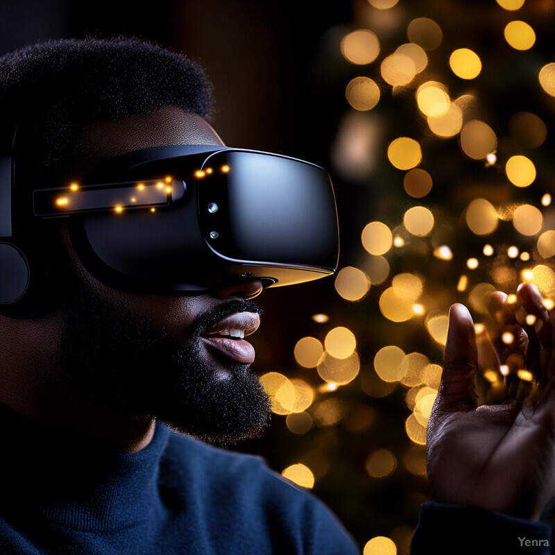 A man wearing VR goggles interacts with an unseen object in front of him, with a Christmas tree visible behind him.