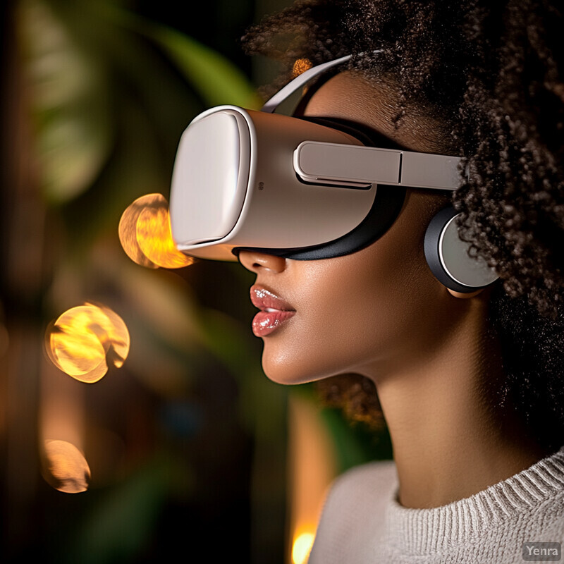 A woman wearing VR goggles and headphones in an indoor setting.