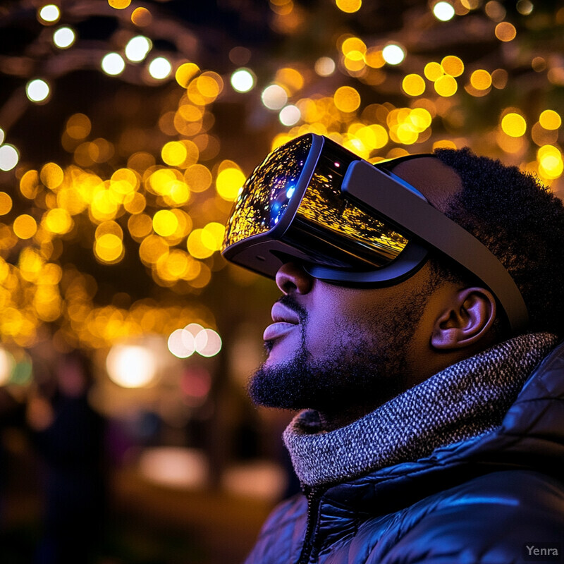 A man wearing a VR headset stands in front of a string of yellow lights at an outdoor event.