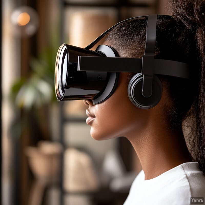 A young girl is enjoying a virtual reality experience in her home.