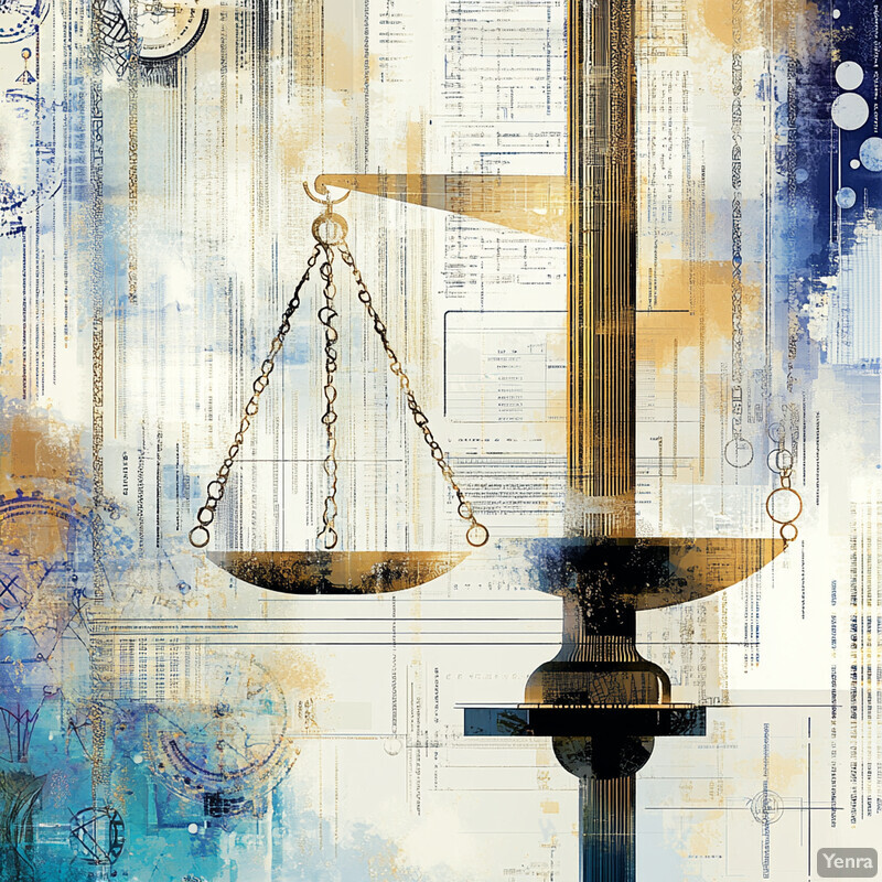 An abstract representation of fairness in financial and healthcare decision-making, featuring scales and blue hues.