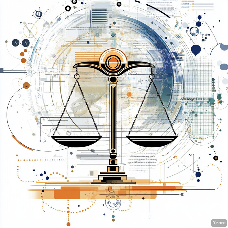 A digital artwork symbolizing fairness and justice in financial and healthcare decision-making, featuring abstract scales with black and gold accents on a white background.