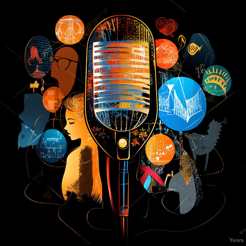 An abstract illustration featuring a stylized microphone at its center, surrounded by diverse shapes and symbols in vibrant colors.