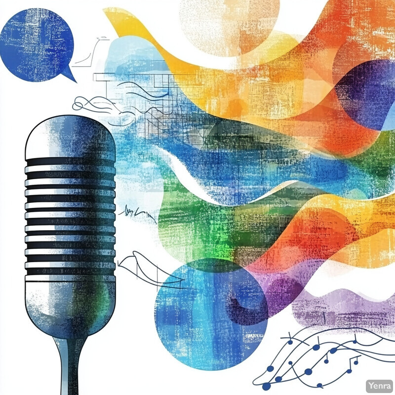 Stylized illustration of a microphone and abstract shapes in a vibrant color scheme.