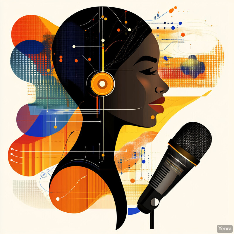 A stylized black woman with a microphone and abstract shapes in the background.