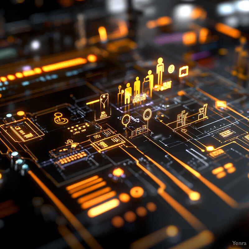 A futuristic and high-tech setting with a central display of interconnected nodes and smaller screens displaying real-time data.