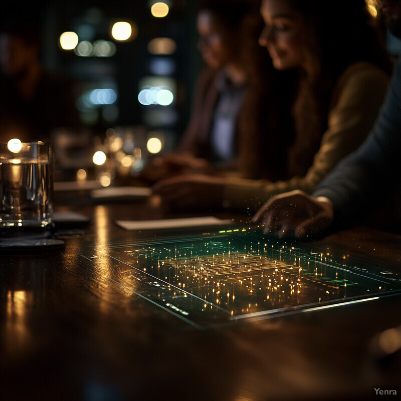 A group of people sitting at a table in a dimly lit room, engaged in conversation.