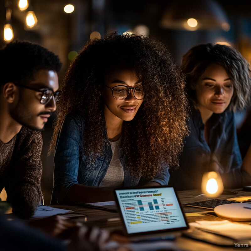 A group of four individuals are working together in an office setting at night.