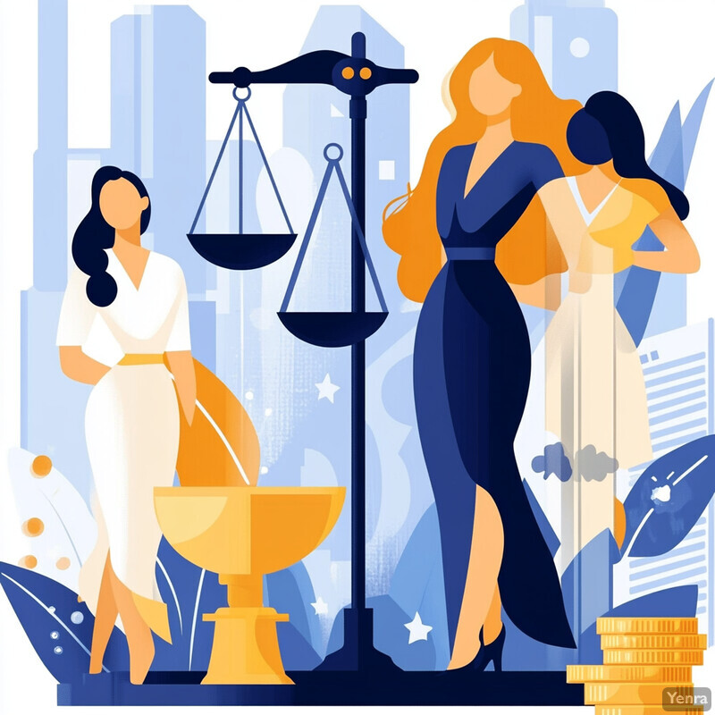 An illustration of three women standing in front of a scale, with one woman holding a large gold bowl and another holding a stack of coins.