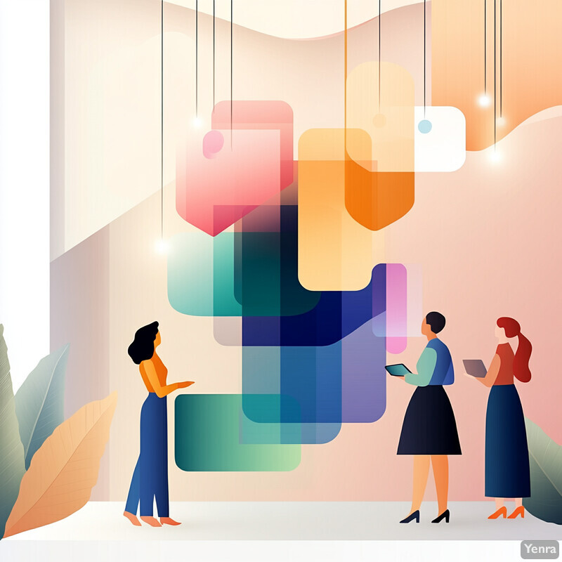 Three women engage in conversation while standing in front of a wall featuring colorful geometric shapes suspended from the ceiling.