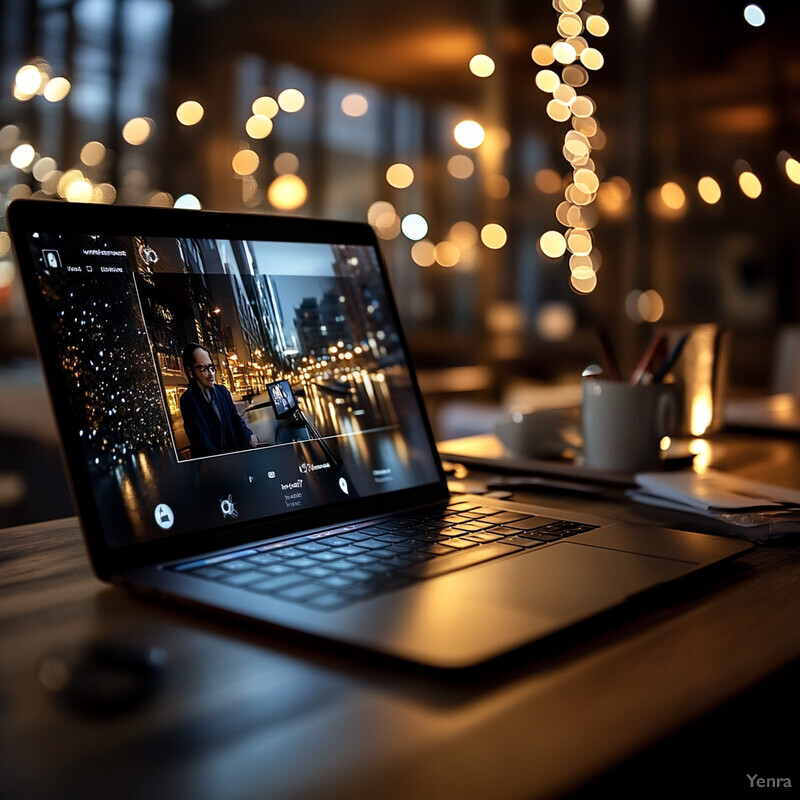 A laptop on a desk in an office setting with a man's face visible on its screen.