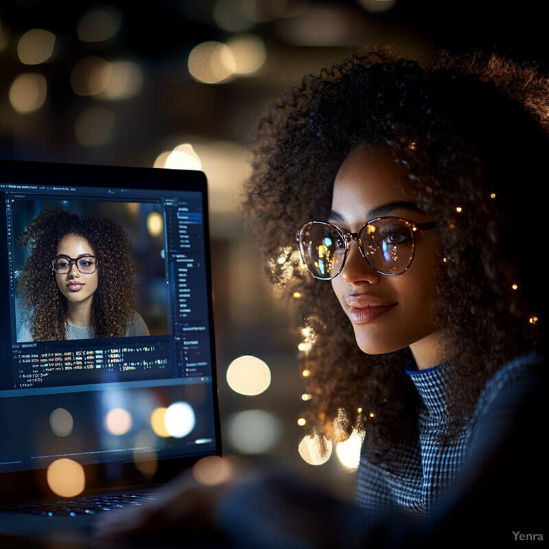 A woman with curly hair and glasses sits in front of a computer screen displaying a video call or live stream.