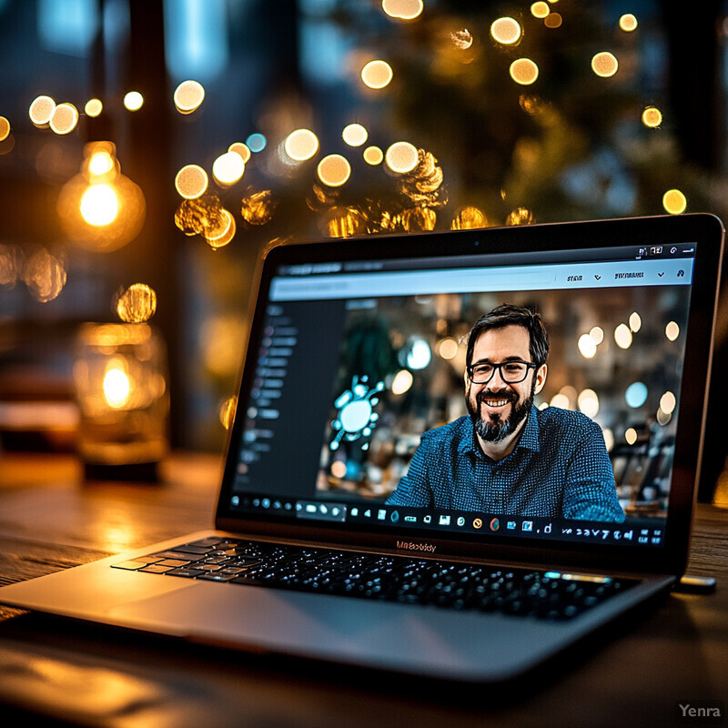 A laptop displaying a man's face on its screen in an outdoor setting at night.