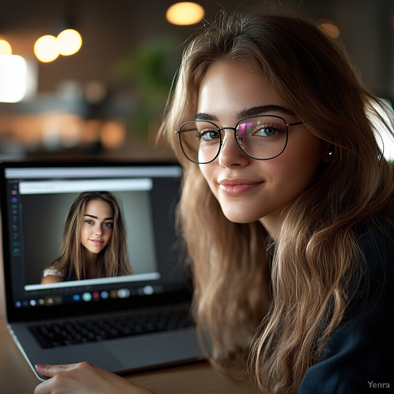 A young woman sits at a desk in front of an open laptop, looking at a photo of another girl on the screen.