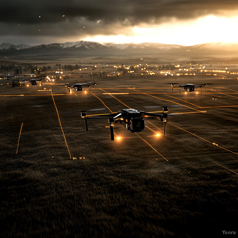 Multiple drones hover above a vast field in a futuristic scene.