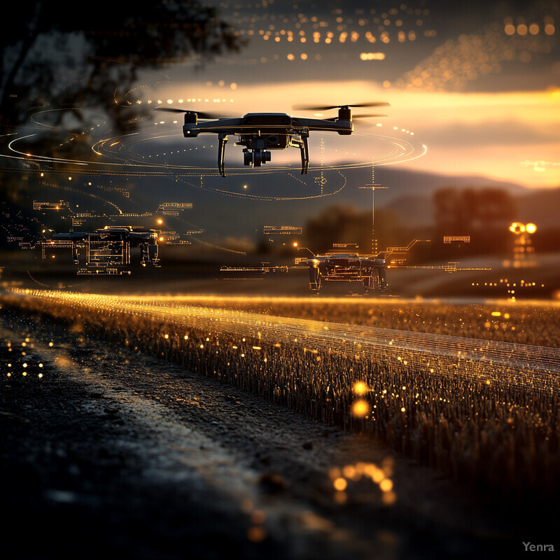 A drone flying over a field at sunset.