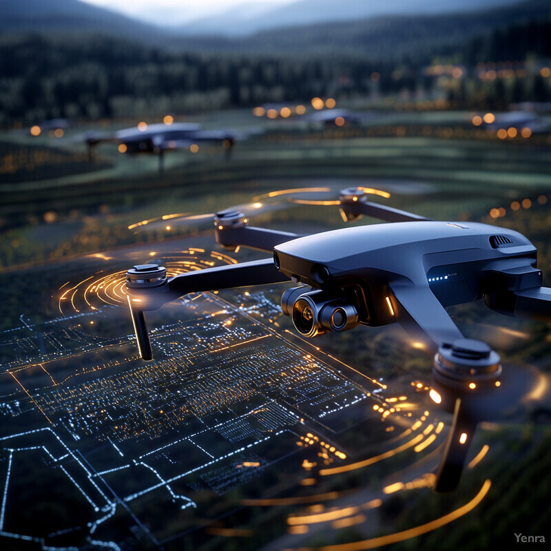 A drone hovers above the ground with a blurred background.