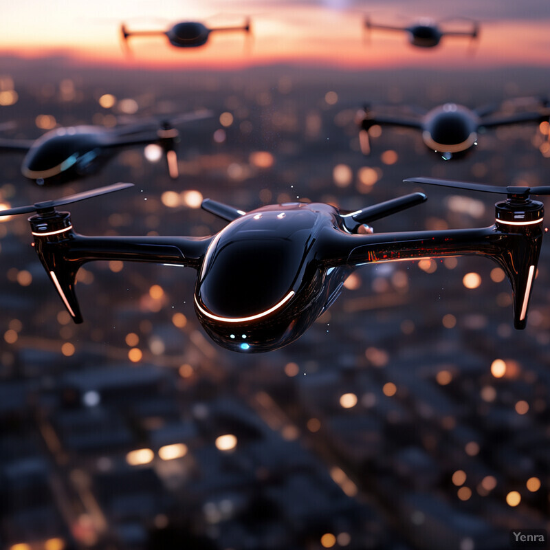 A fleet of autonomous drones flying in formation over a cityscape at sunset.