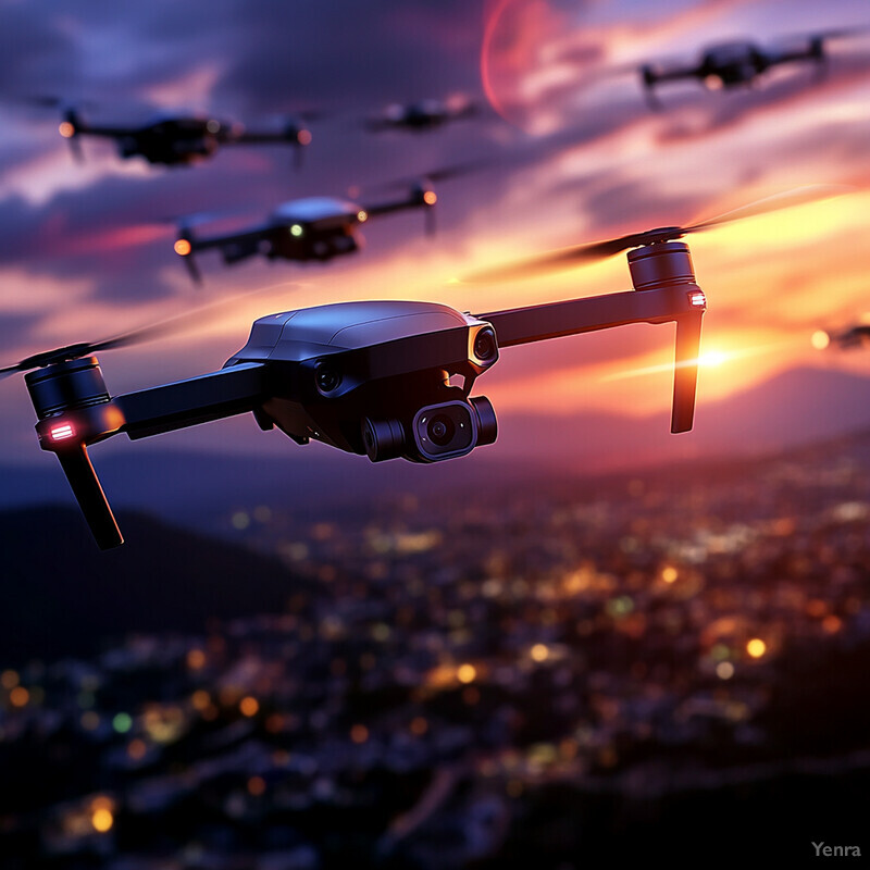 A group of black drones flying in formation at sunset or sunrise.