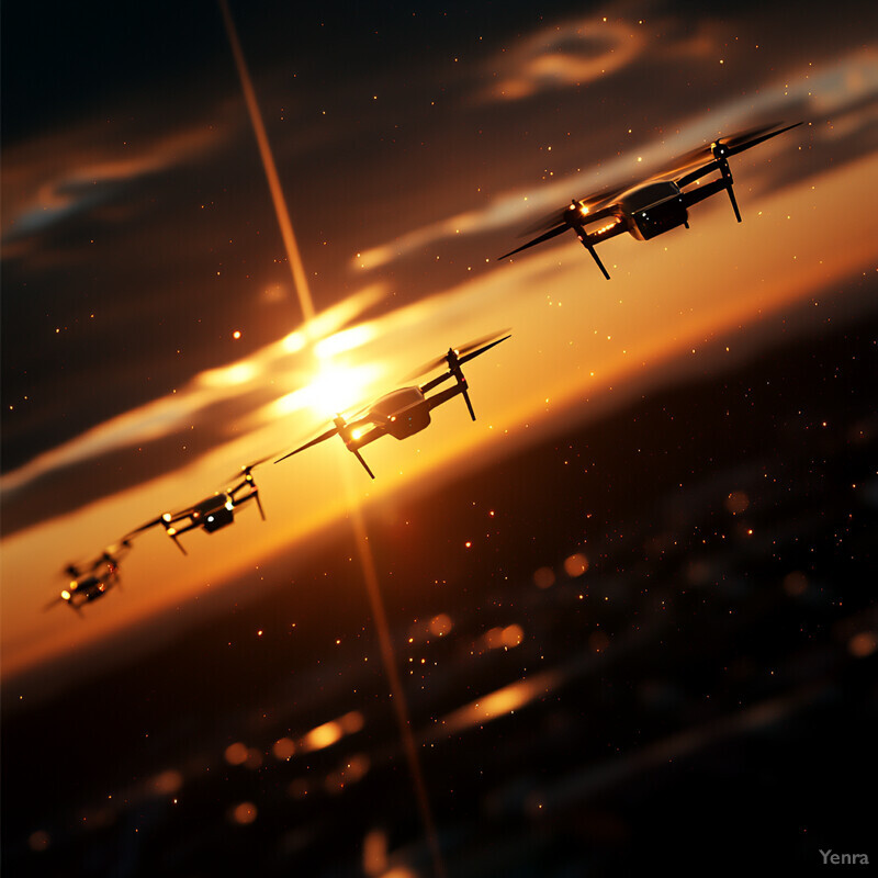 Four drones flying in formation against an orange sky with a bright sun shining through the clouds.