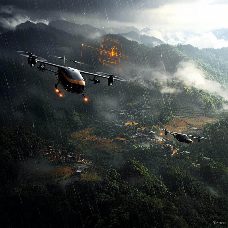 A futuristic scene featuring three flying vehicles soaring above a village nestled in the mountains.