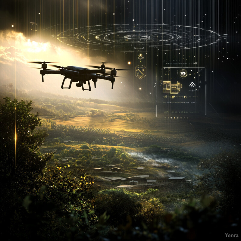 A drone flies over a grassy field with trees and bushes at sunset or sunrise.