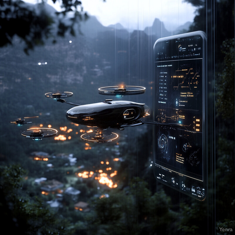 A futuristic drone hovers above a green forest, equipped with six propellers and an orange light.