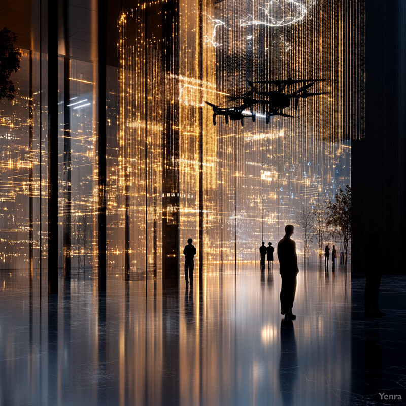 A futuristic cityscape with flying drones and people on the sidewalk.