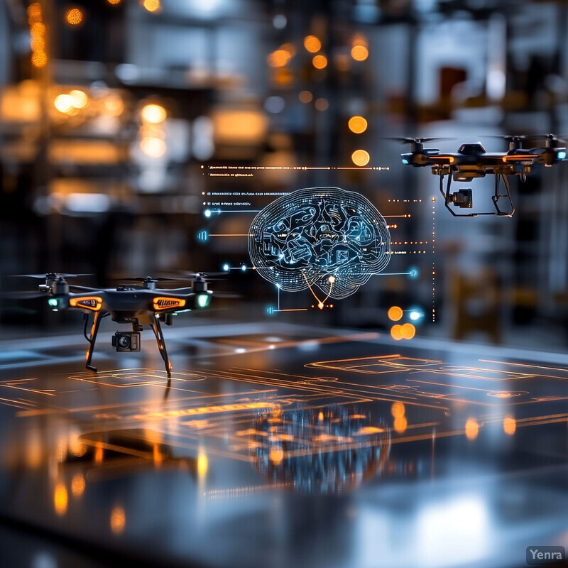 Three drones flying above a black surface with glowing blue lines and symbols in an industrial setting.