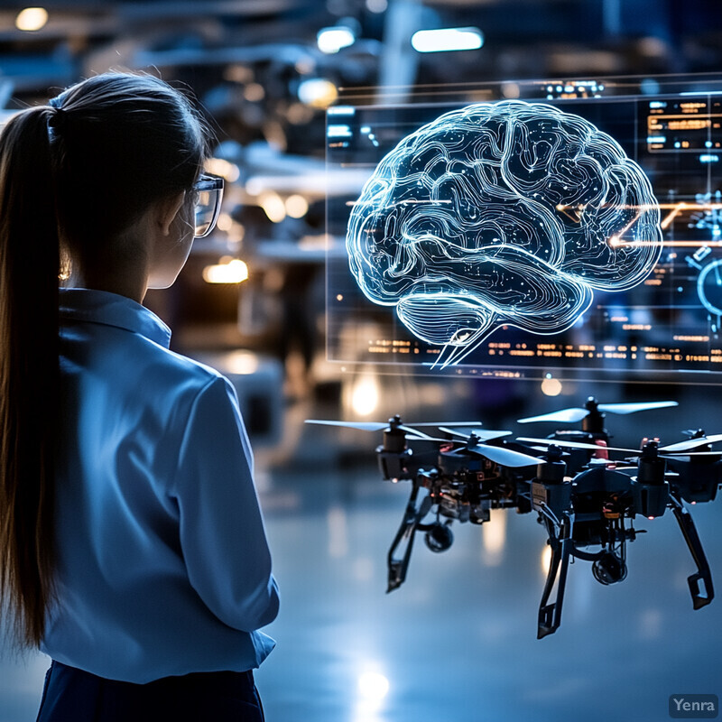 A woman stands in front of a screen displaying a brain and a drone, possibly related to neuroscience or AI.