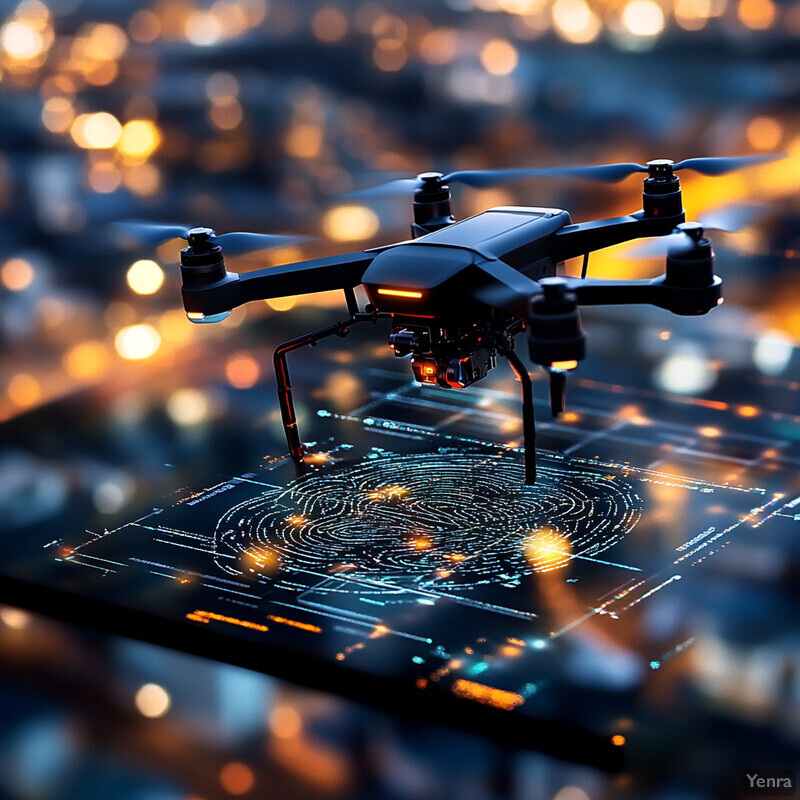 A drone hovers above a screen displaying a fingerprint-like pattern in front of a cityscape.