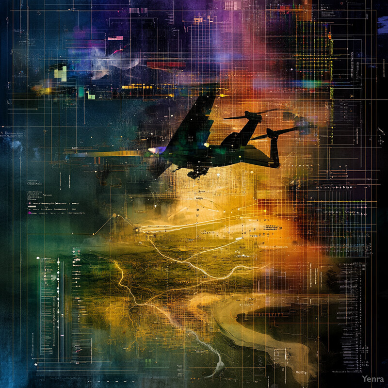 A digital artwork featuring a spaceship in flight amidst a swirling vortex of colors.