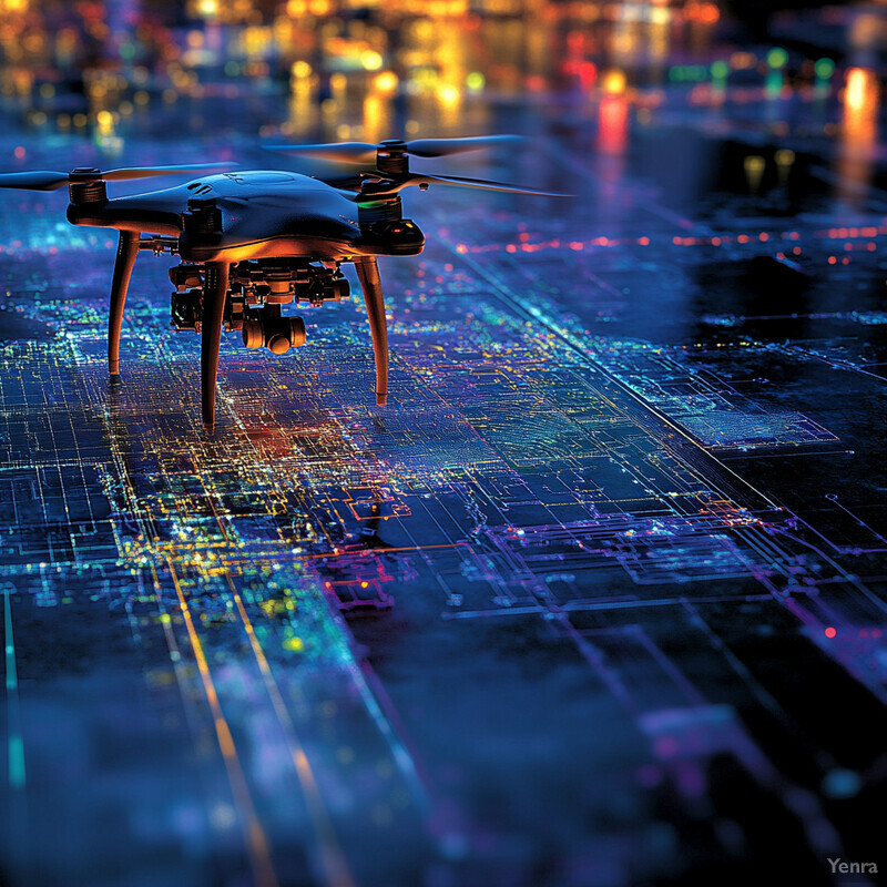 A drone hovers above a cityscape at night, equipped with sensors or cameras.